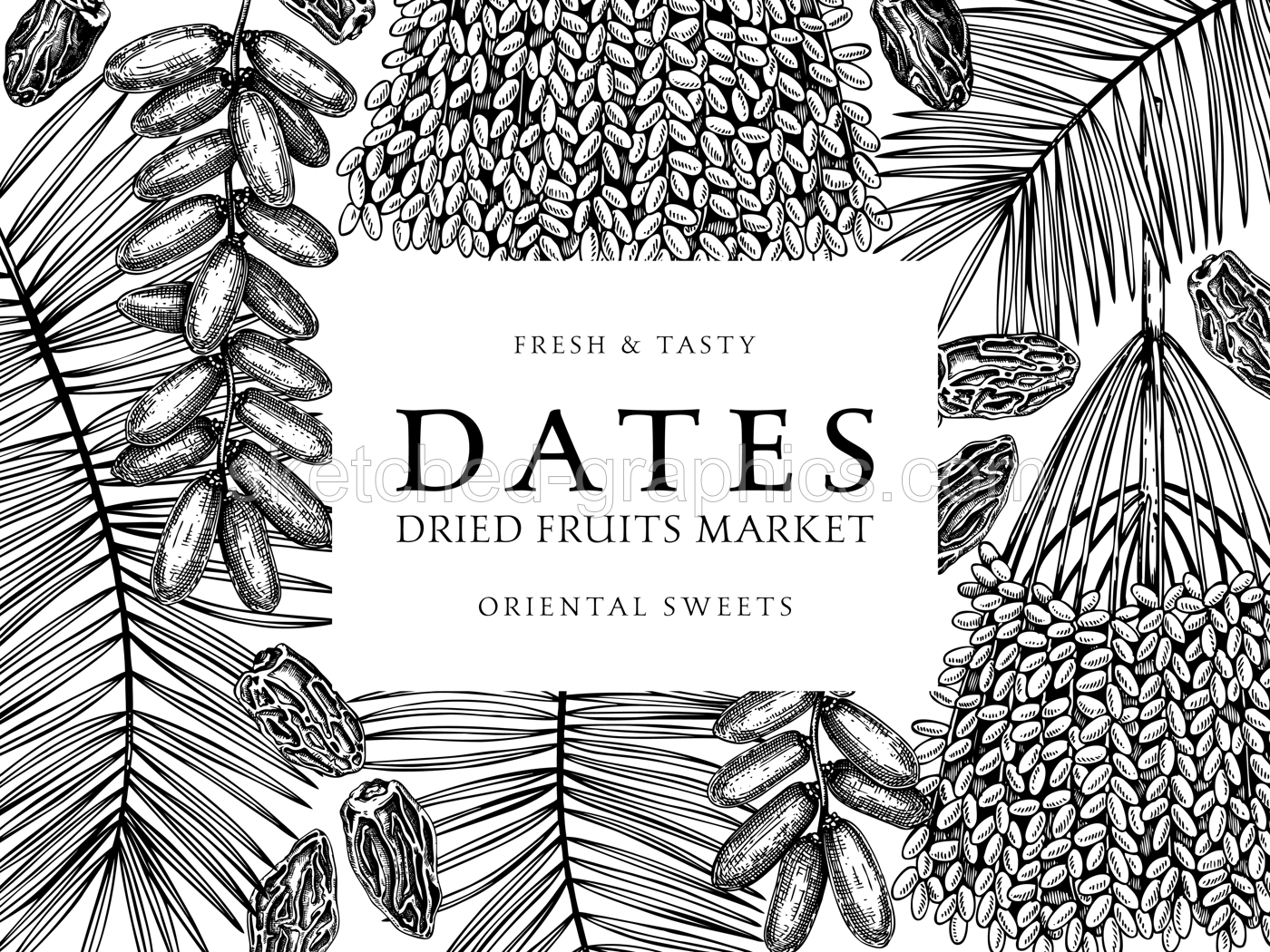 Sketched frame design with date palm leaves and dried fruits illustrations in engraved style. Hand drawn vegan food ingredients vector background. Oriental sweets sketches - dried dates banner  Illustration